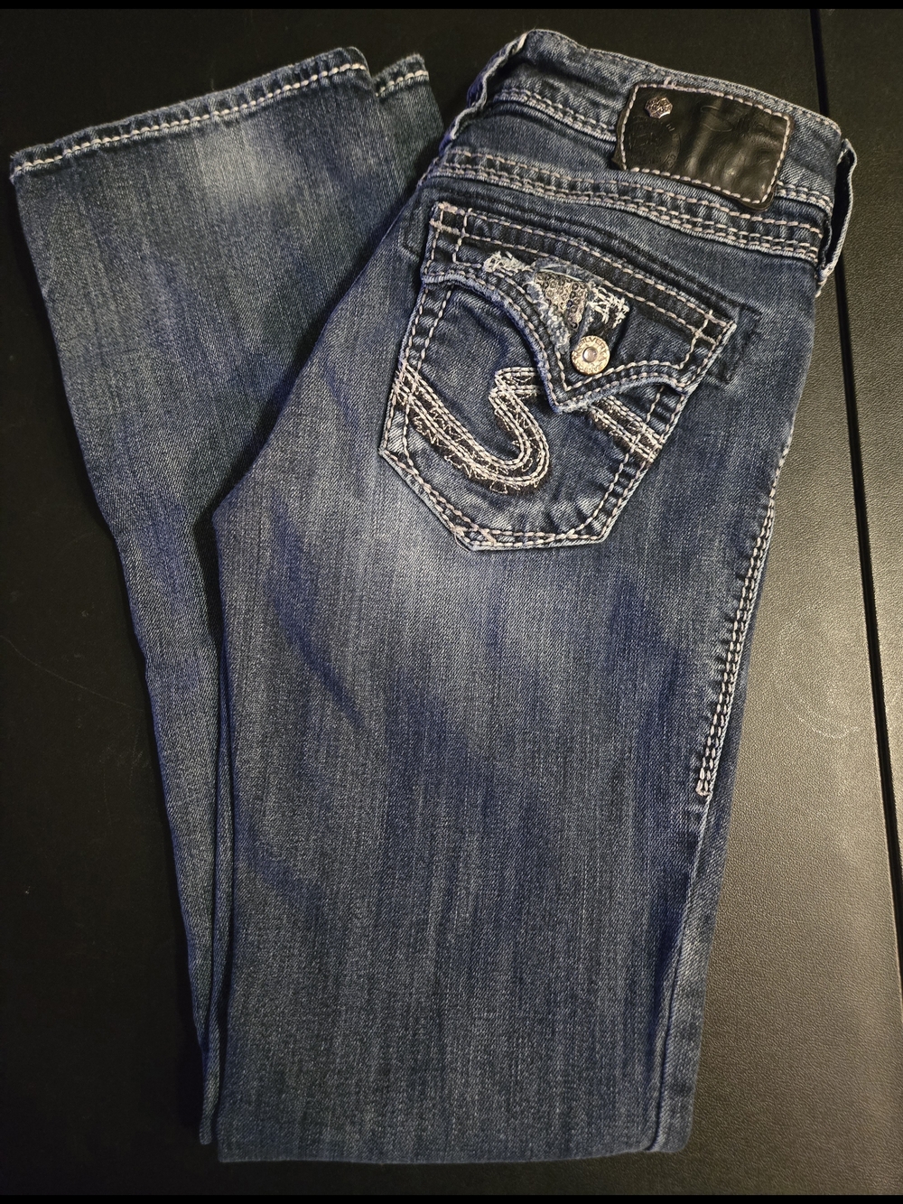 Women’s Dark Blue Bootcut Jeans with Embroidered Back Pocket By Silver